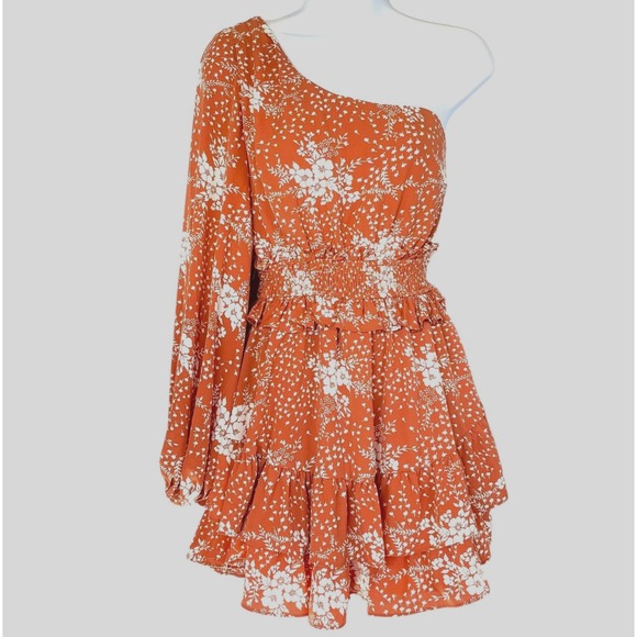 Blush Boutique Dresses & Skirts - Rust Floral One Shoulder Ruffle Mini Dress Sz S‎ Boho Romantic Cottagecore
